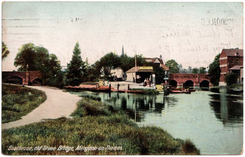The front of an old postcard. The postcard is of Abingdon: The Bridge