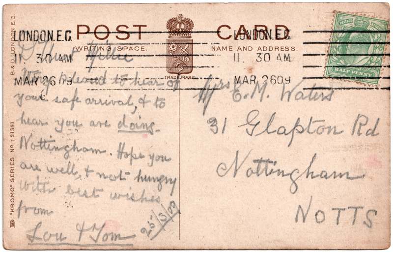 The reverse of an old postcard. The postcard is of Abingdon: The Bridge