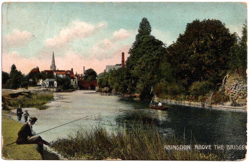 The front of an old postcard. The postcard is of Abingdon: The Bridge