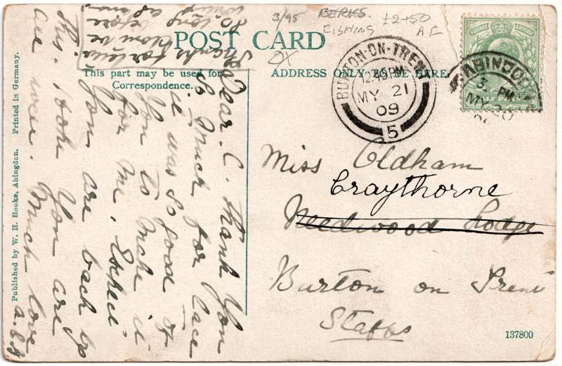 The reverse of an old postcard. The postcard is of Abingdon: The Bridge