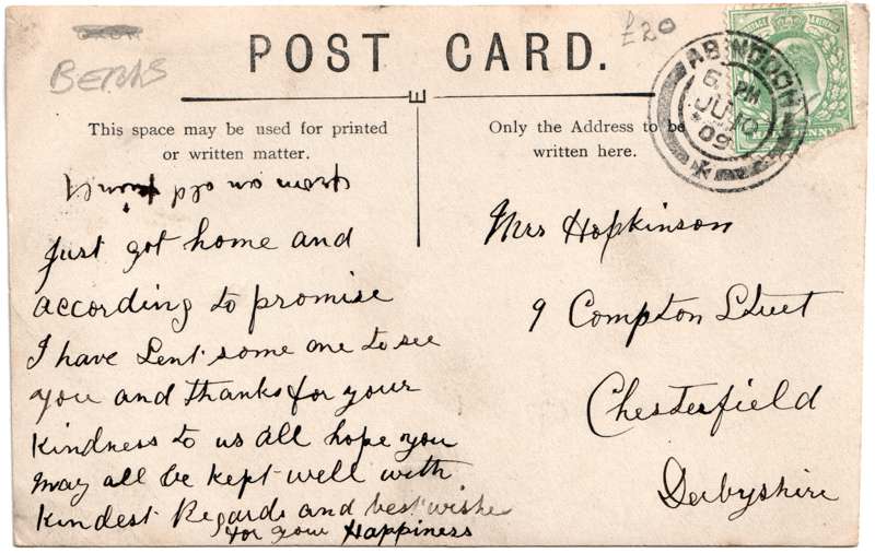 The reverse of an old postcard. The postcard is of Abingdon: Other Streets