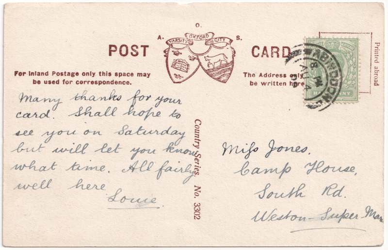 The reverse of an old postcard. The postcard is of Abingdon: Albert Park and Abingdon School