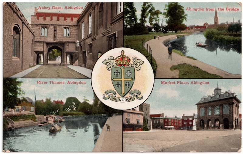 The front of an old postcard. The postcard is of Abingdon: Multiview