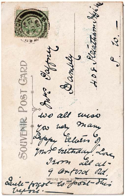 The reverse of an old postcard. The postcard is of Abingdon: Multiview