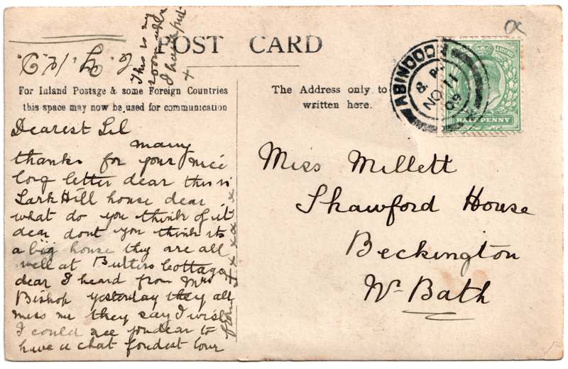 The reverse of an old postcard. The postcard is of Abingdon: Other local interest