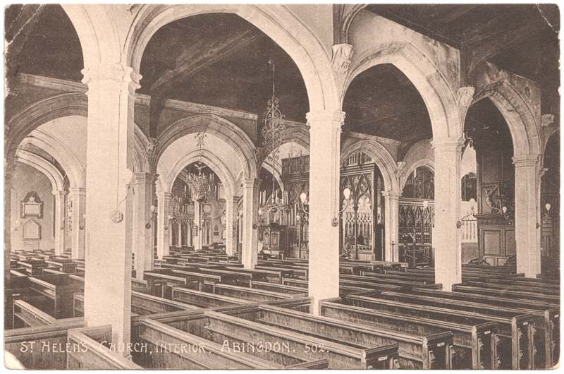 The front of an old postcard. The postcard is of Abingdon: St. Helen's Church and the Almshouses