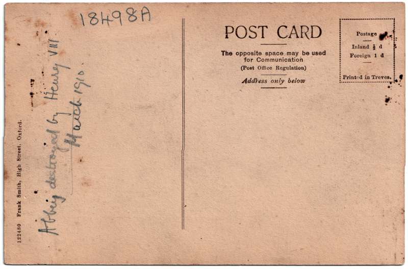 The reverse of an old postcard. The postcard is of Abingdon: Abbey Gateway