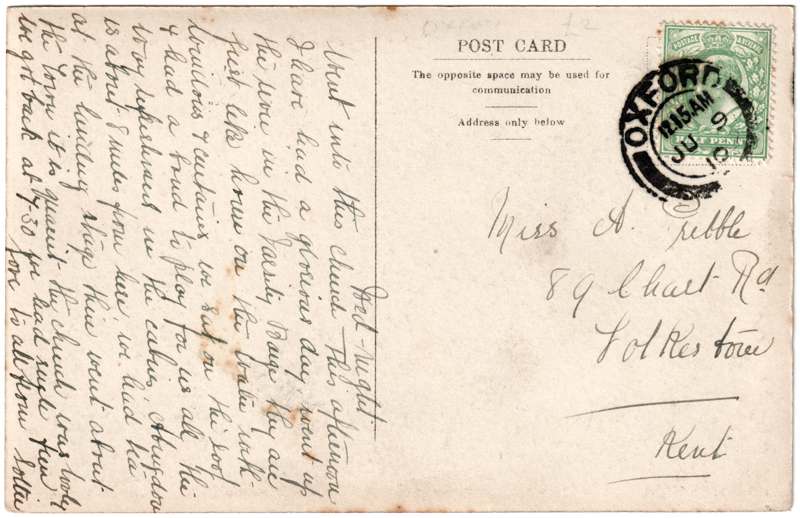 The reverse of an old postcard. The postcard is of Abingdon: St. Helen's Church and the Almshouses