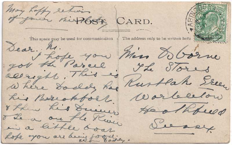 The reverse of an old postcard. The postcard is of Abingdon: The Bridge