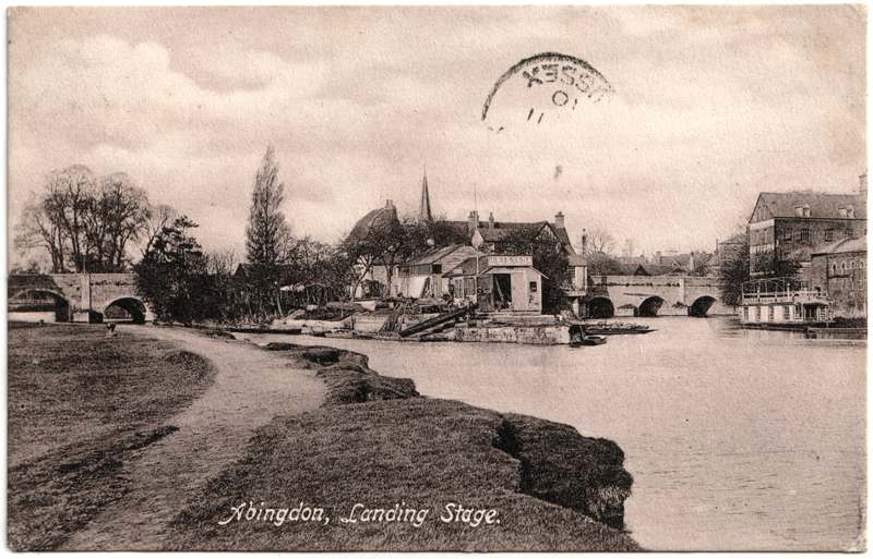 The front of an old postcard. The postcard is of Abingdon: The Bridge