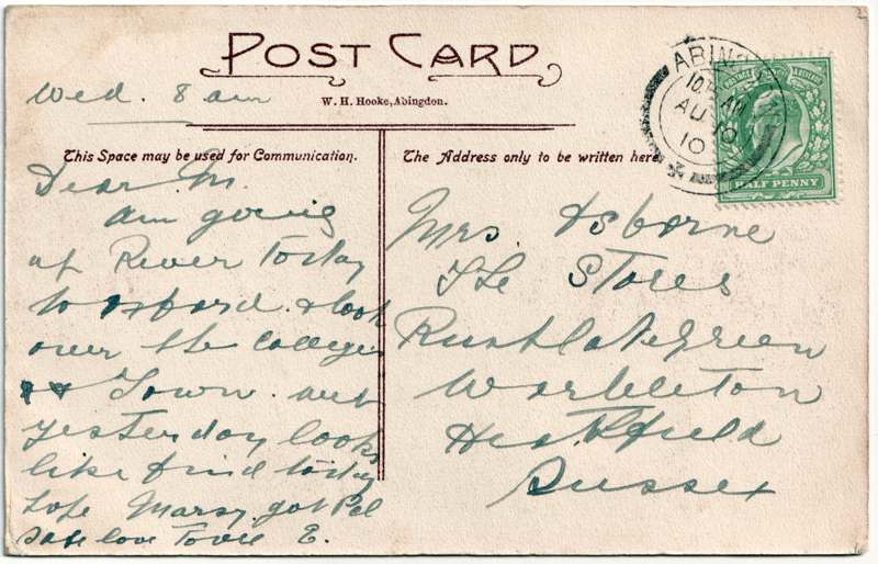 The reverse of an old postcard. The postcard is of Abingdon: The Bridge