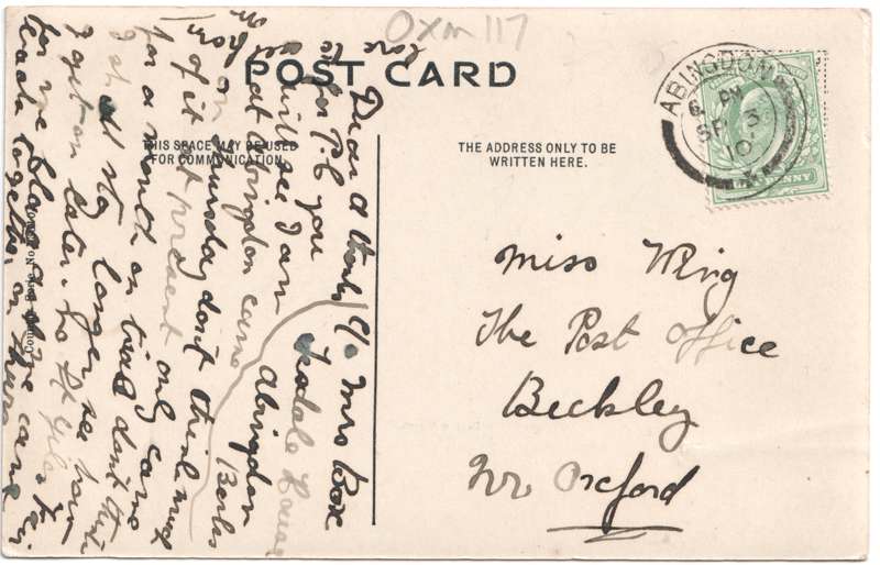 The reverse of an old postcard. The postcard is of Abingdon: Town Centre Streets