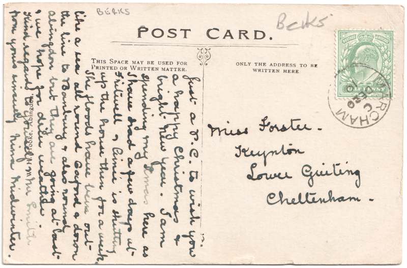 The reverse of an old postcard. The postcard is of Abingdon: Abbey Gateway