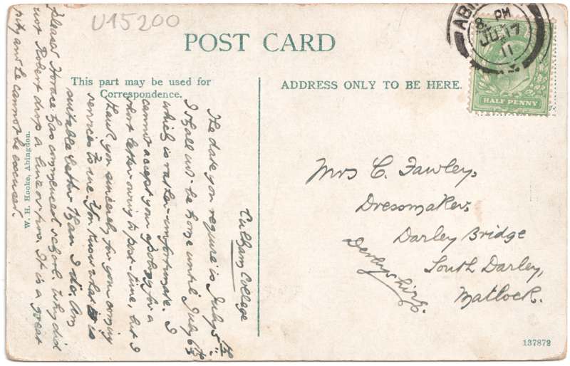 The reverse of an old postcard. The postcard is of Abingdon: St. Helen's Church and the Almshouses