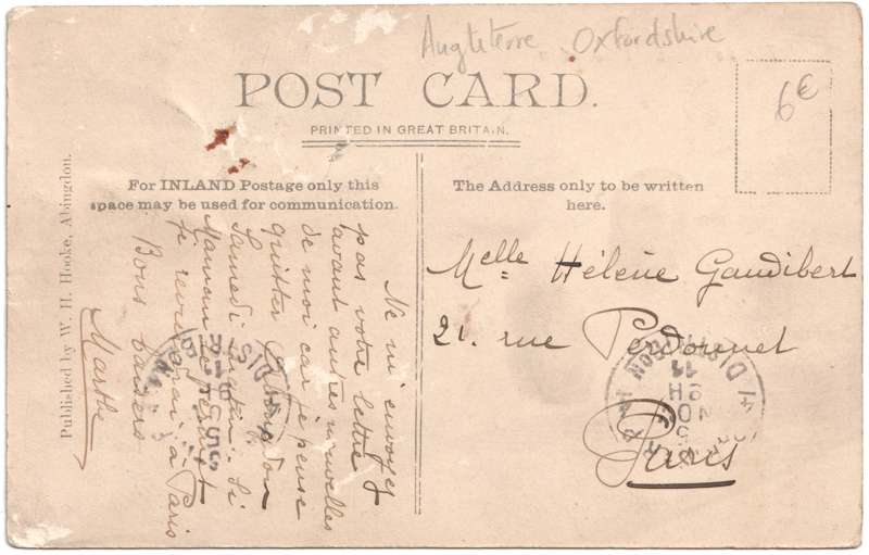 The reverse of an old postcard. The postcard is of Abingdon: Marketplace