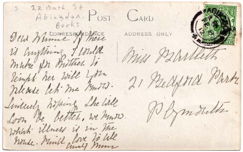 The reverse of an old postcard. The postcard is of Abingdon: Town Centre Streets