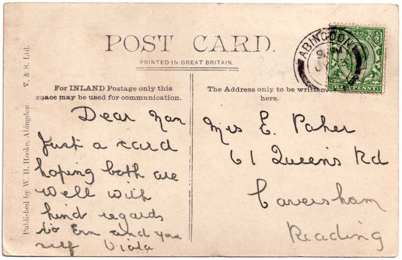 The reverse of an old postcard. The postcard is of Abingdon: The Bridge