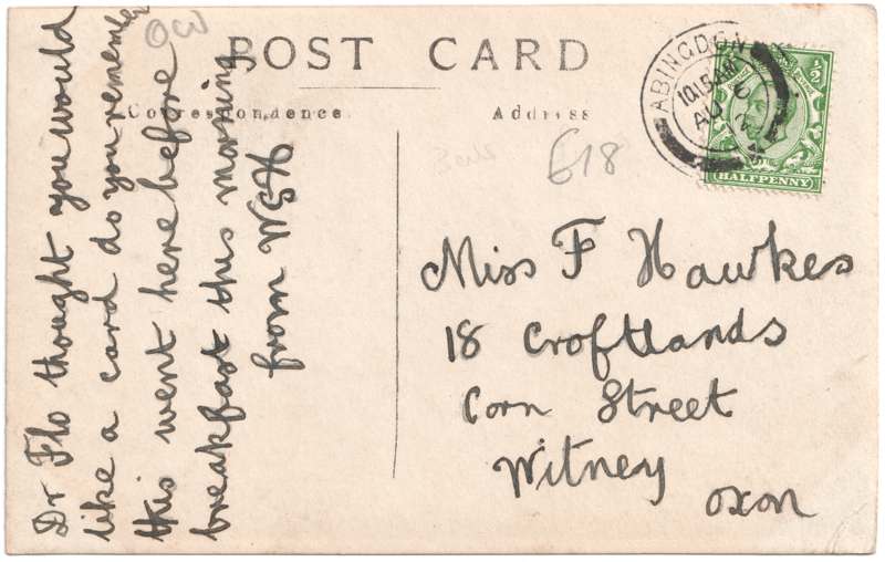 The reverse of an old postcard. The postcard is of Abingdon: Abingdon Lock