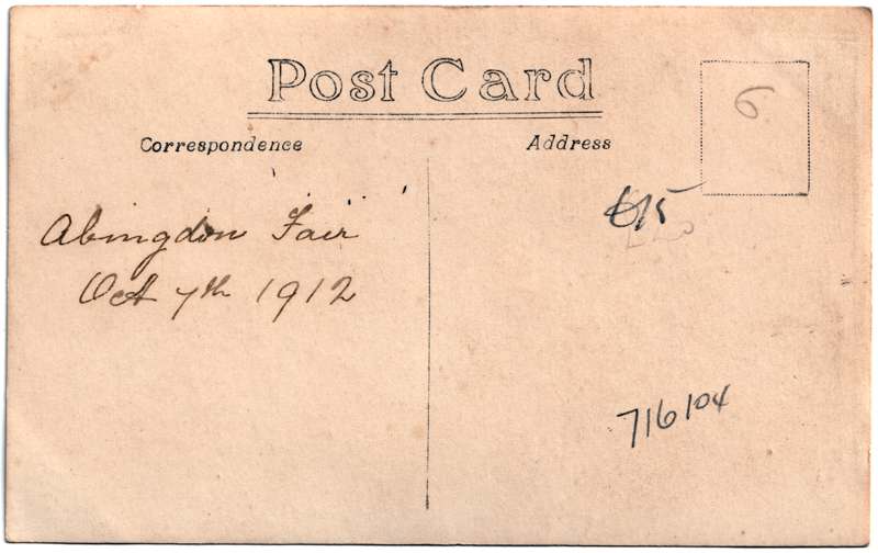 The reverse of an old postcard. The postcard is of Abingdon: Town Centre Streets