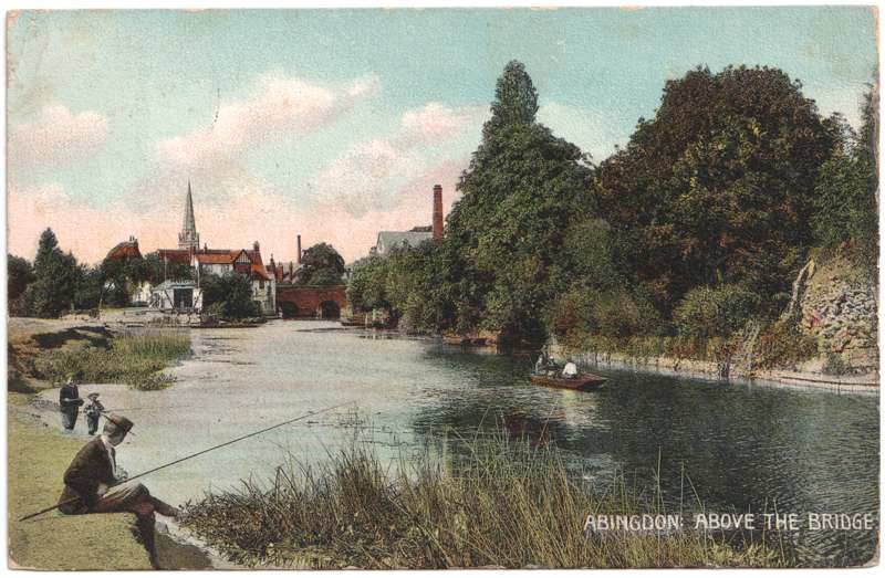 The front of an old postcard. The postcard is of Abingdon: The Bridge