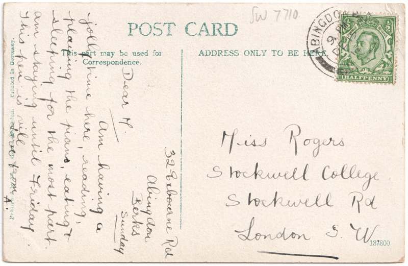 The reverse of an old postcard. The postcard is of Abingdon: The Bridge