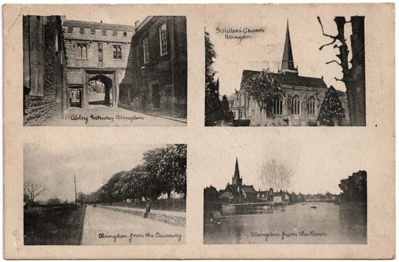 The front of an old postcard. The postcard is of Abingdon: Multiview