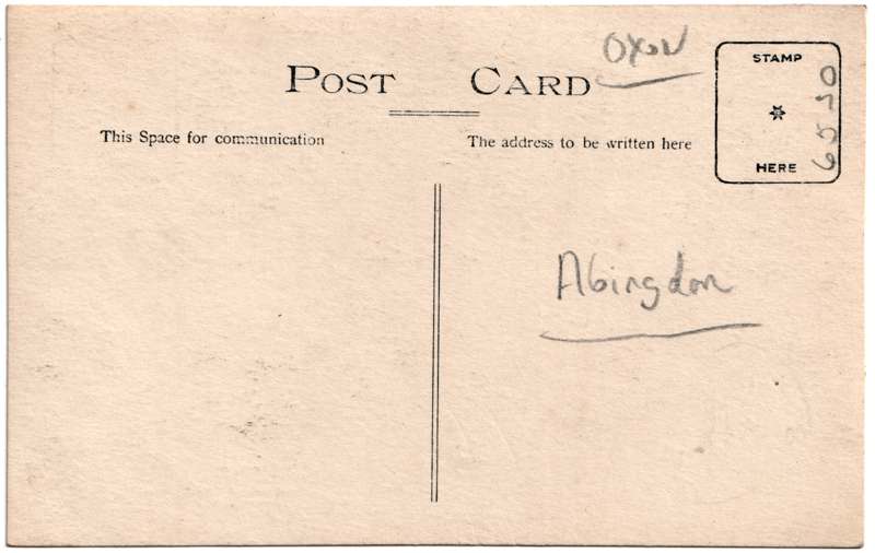 The reverse of an old postcard. The postcard is of Abingdon: Abbey Gateway