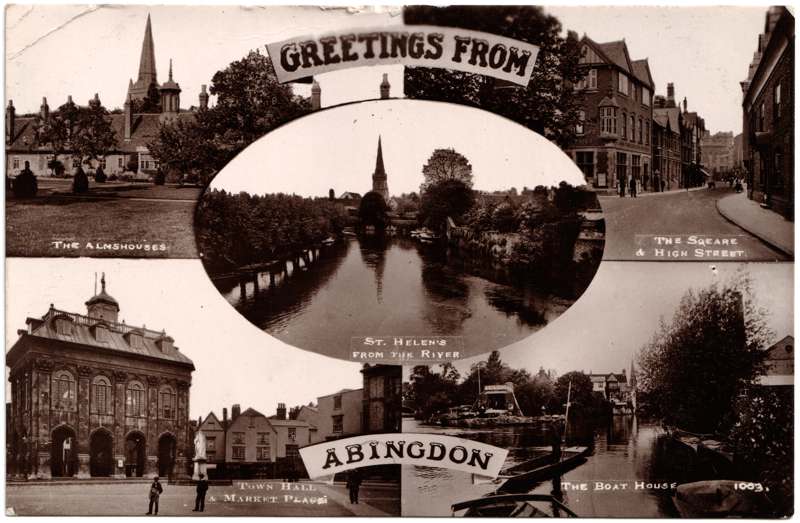 The front of an old postcard. The postcard is of Abingdon: Other local interest