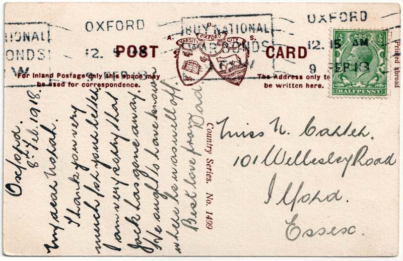 The reverse of an old postcard. The postcard is of Abingdon: Town Centre Streets