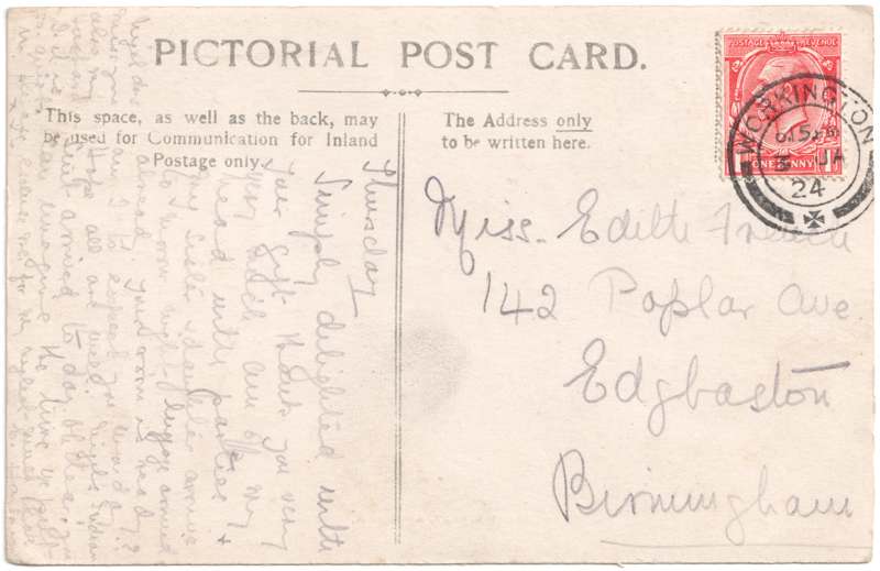 The reverse of an old postcard. The postcard is of Abingdon: Town Centre Streets