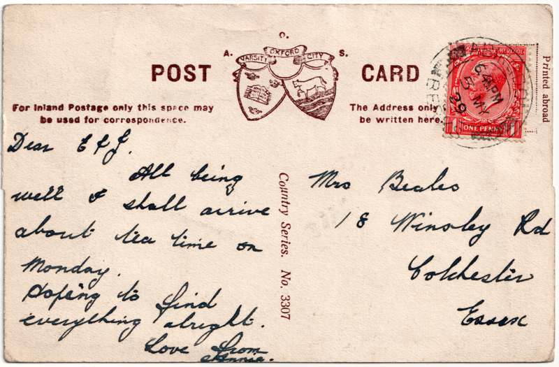 The reverse of an old postcard. The postcard is of Abingdon: Town Centre Streets