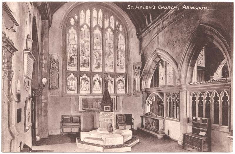 The front of an old postcard. The postcard is of Abingdon: St. Helen's Church and the Almshouses
