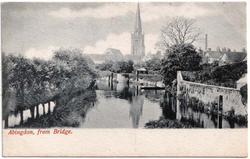 The front of an old postcard. The postcard is of Abingdon: St. Helen's from the Bridge