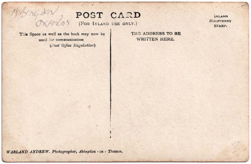 The reverse of an old postcard. The postcard is of Abingdon: Albert Park