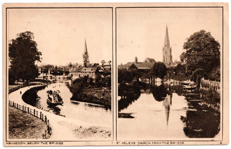 The front of an old postcard. The postcard is of Abingdon: St. Helen's from the Bridge