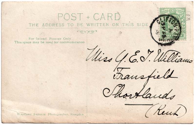 The reverse of an old postcard. The postcard is of Abingdon: Other local interest