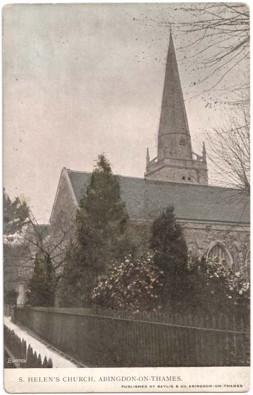 The front of an old postcard. The postcard is of Abingdon: St. Helen's Church and the Almshouses