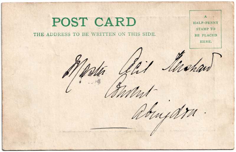 The reverse of an old postcard. The postcard is of Abingdon: Other local interest