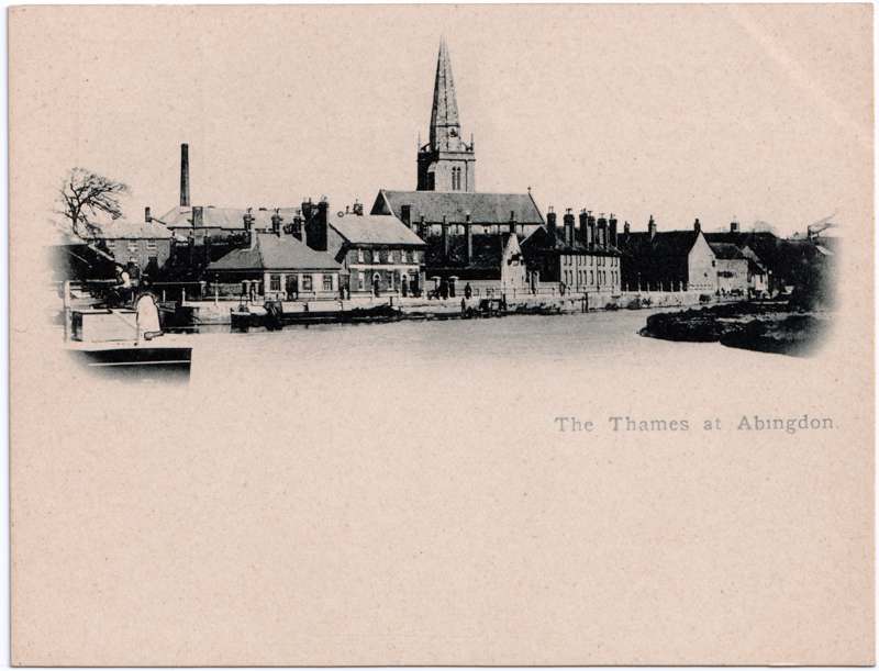 The front of an old postcard. The postcard is of Abingdon: St. Helen's Wharf