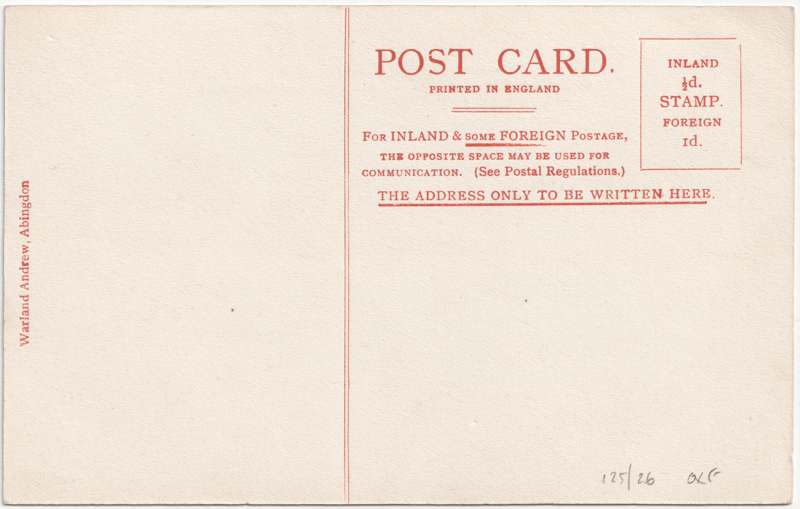 The reverse of an old postcard. The postcard is of Abingdon: Other local interest