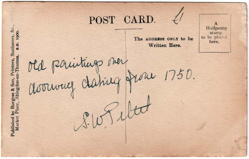 The reverse of an old postcard. The postcard is of Abingdon: Almshouses