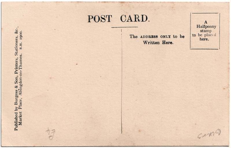 The reverse of an old postcard. The postcard is of Abingdon: East St Helen Street