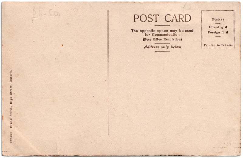 The reverse of an old postcard. The postcard is of Abingdon: Town Centre Streets