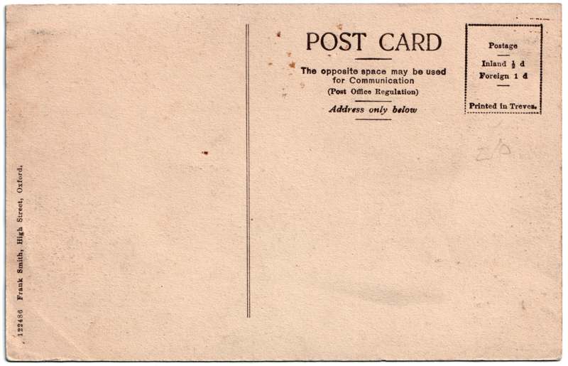 The reverse of an old postcard. The postcard is of Abingdon: Town Centre Streets