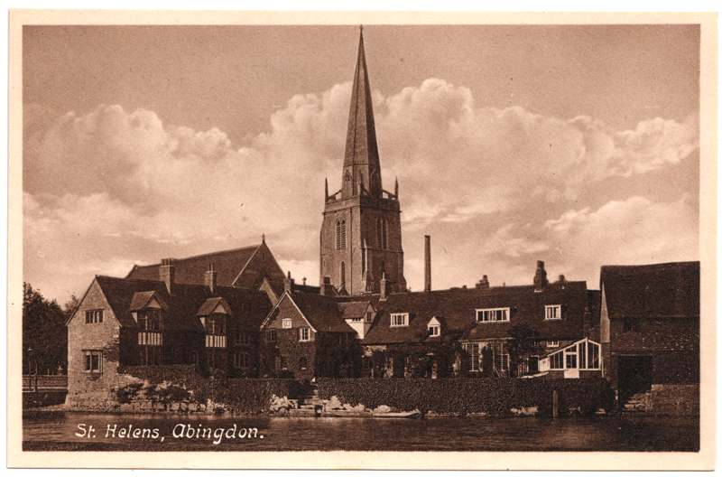 The front of an old postcard. The postcard is of Abingdon: St. Helen's Church