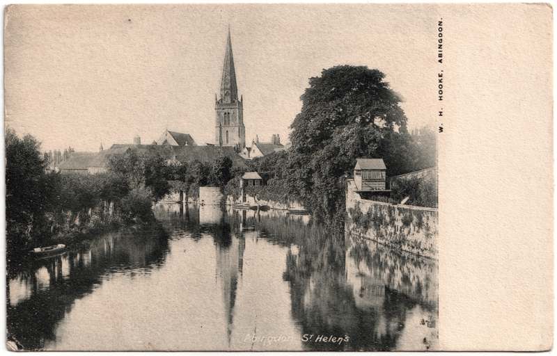 The front of an old postcard. The postcard is of Abingdon: St. Helen's from the Bridge