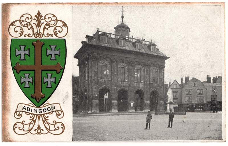 The front of an old postcard. The postcard is of Abingdon: Marketplace