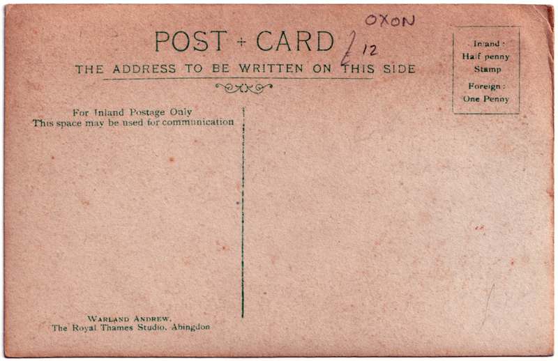 The reverse of an old postcard. The postcard is of Abingdon: 