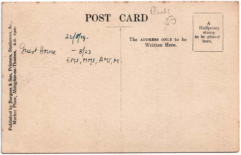 The reverse of an old postcard. The postcard is of Abingdon: The Abbey Buildings