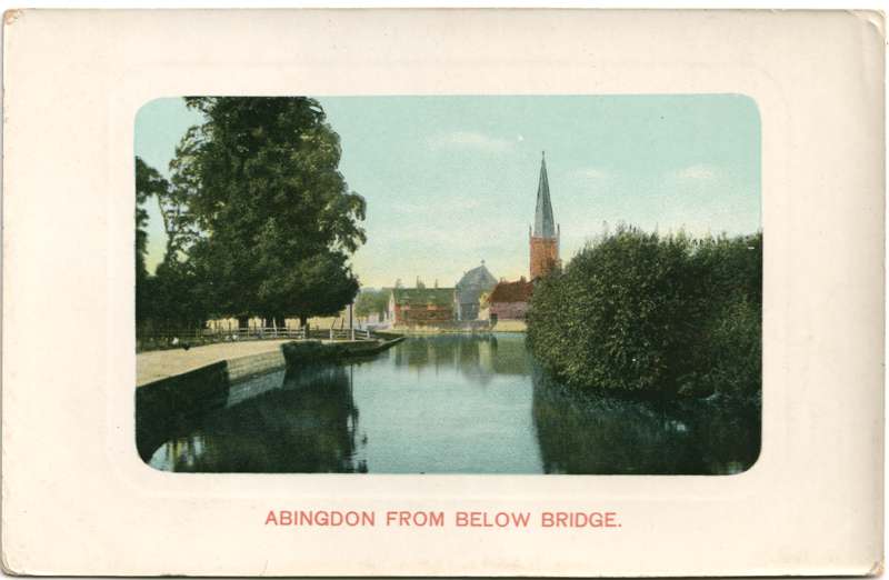 The front of an old postcard. The postcard is of Abingdon: St. Helen's from the Bridge
